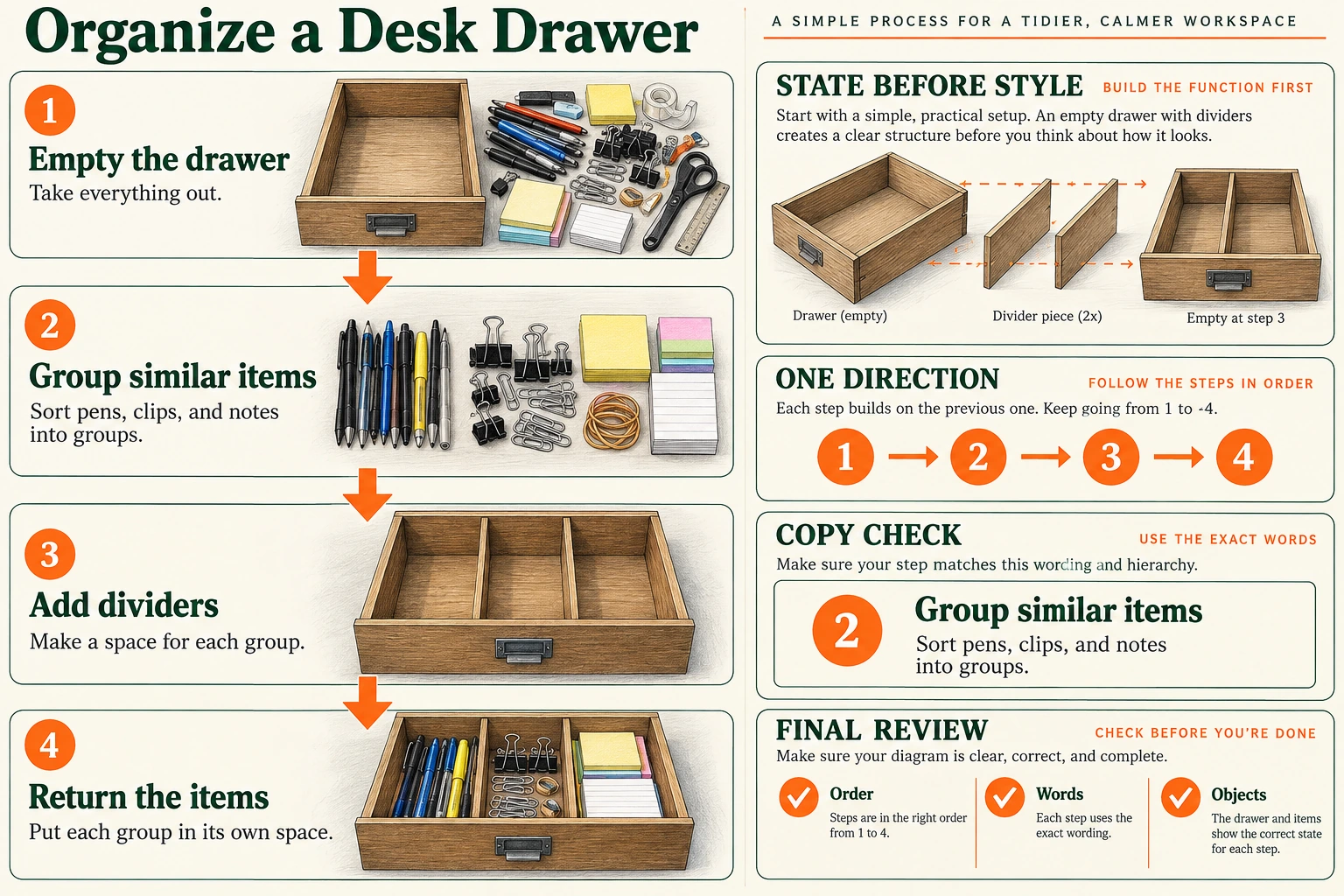 Codex-generated process planning plate with four numbered states, complete step text, direction arrows, an exploded divider diagram, and copy-review checks.